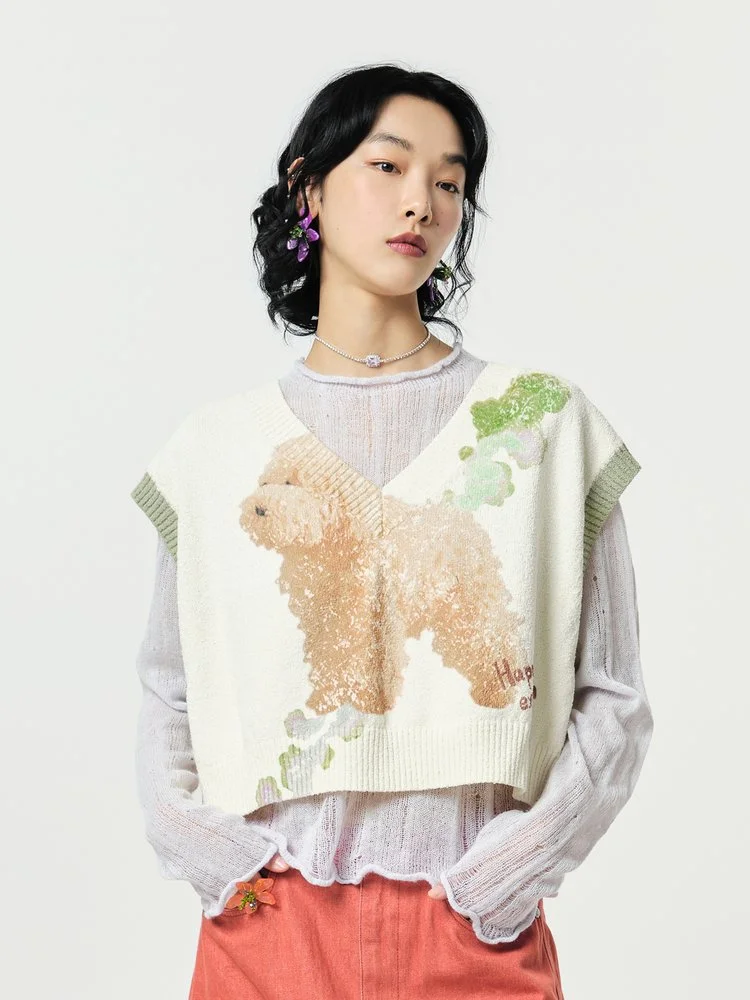 V-neck Fun Print Design Knitted Vest — AGoodFun